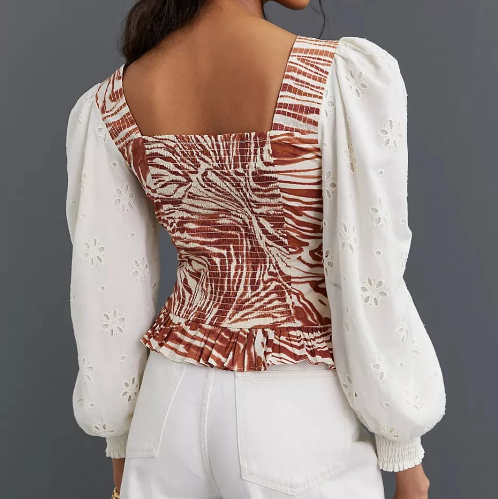 NWT Love the Label (Anthro) Smocked Puff Sleeve Blouse Brown Zebra Print - Picture 3 of 16